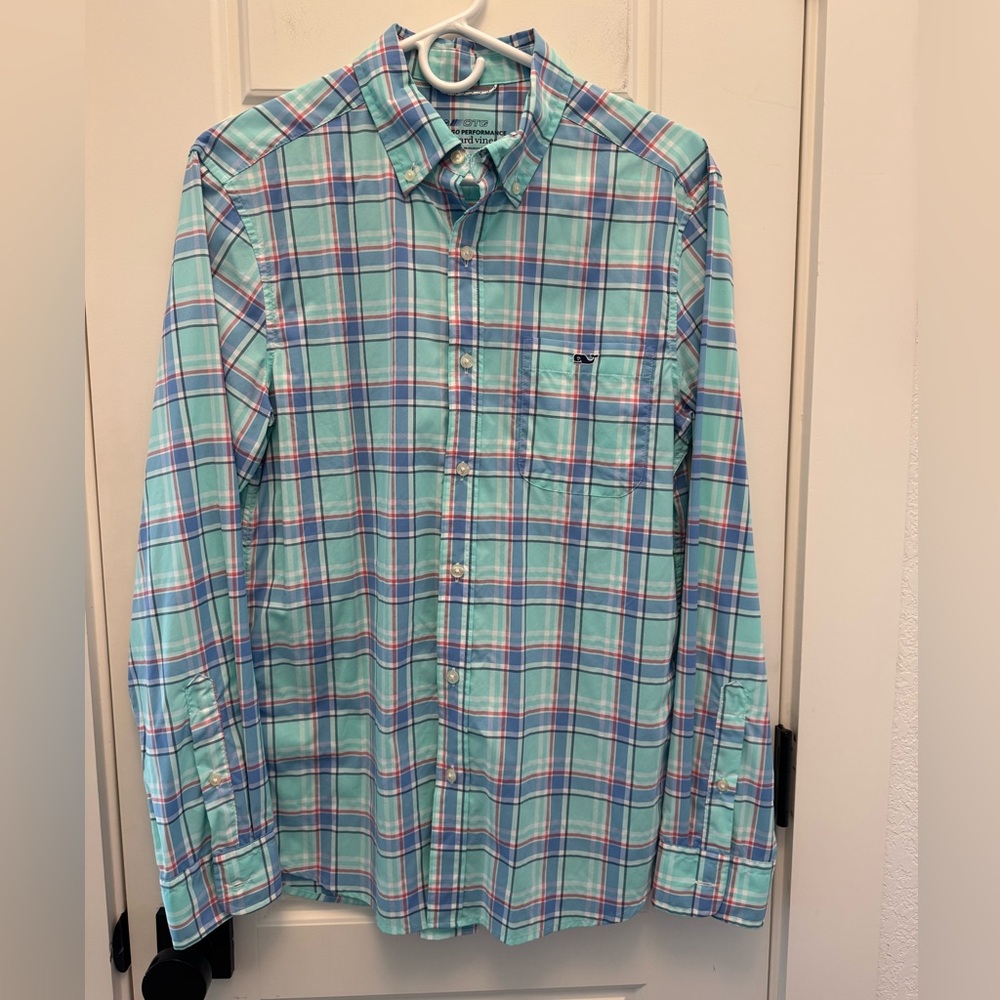 Vineyard Vines On The Go OTG Performance Blue Plaid Button Up Shirt sz Small